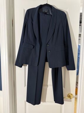 Ann Taylor Navy Pants Suit with Shawl-Collar Blazer